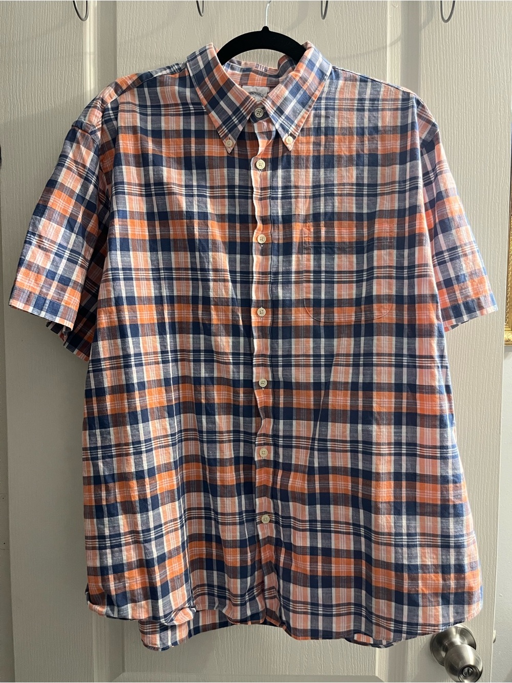 Brooks Brothers Orange and Blue Plaid Short Sleeve Button-Down Shirt